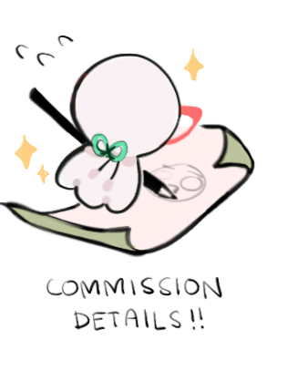 A image-button leading to the commission carrd, represented by a small teru teru bozu-inspired mascot, maikke, drawing a silly face on green sided paper.